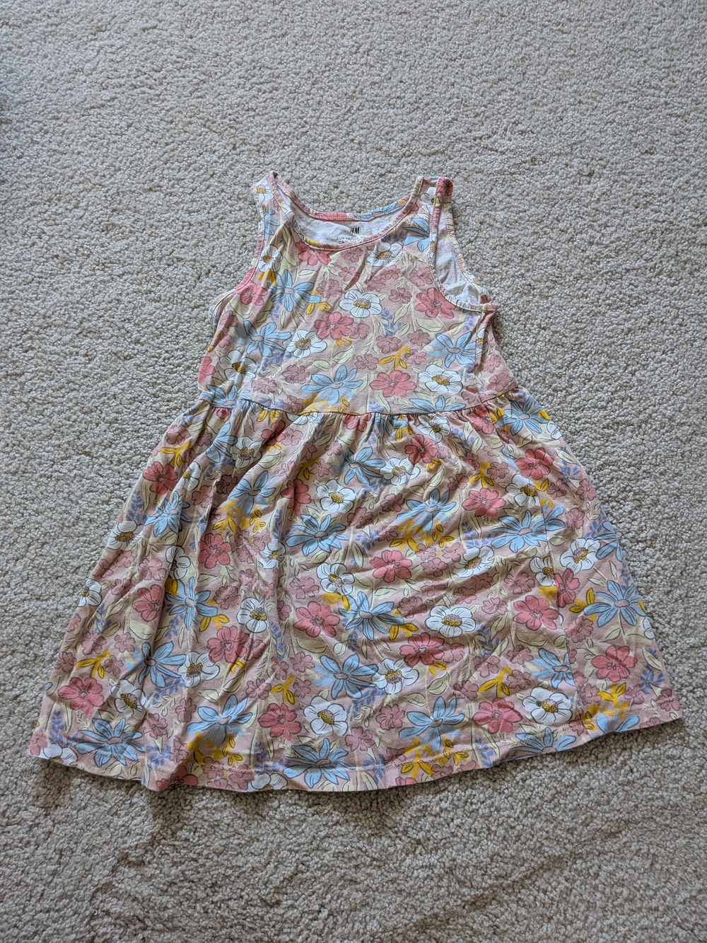 H&M Pink Floral Sleeveless Cotton Dress with Blue & Yellow Accents